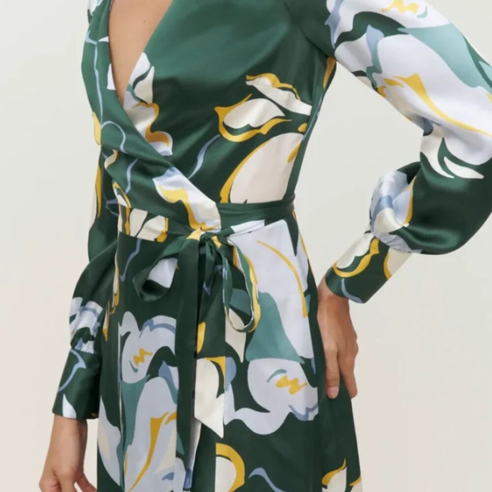 NWOT Reformation Chrissy Dress Floral Silk Wrap Mini Dress in Lyra Green XS $278 - Picture 8 of 14